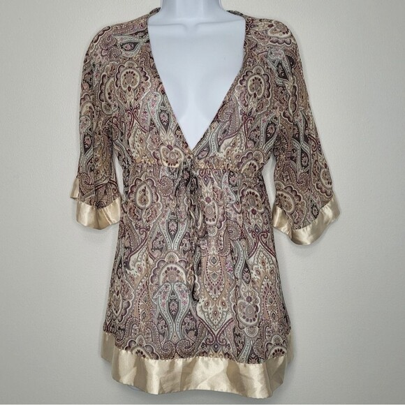 Vintage y2k deep v satin trim all over paisley print semi sheer tie front Large - Picture 1 of 8